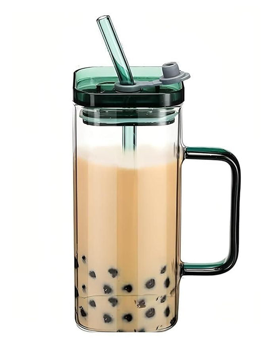 Square Glass with Lid and Straw