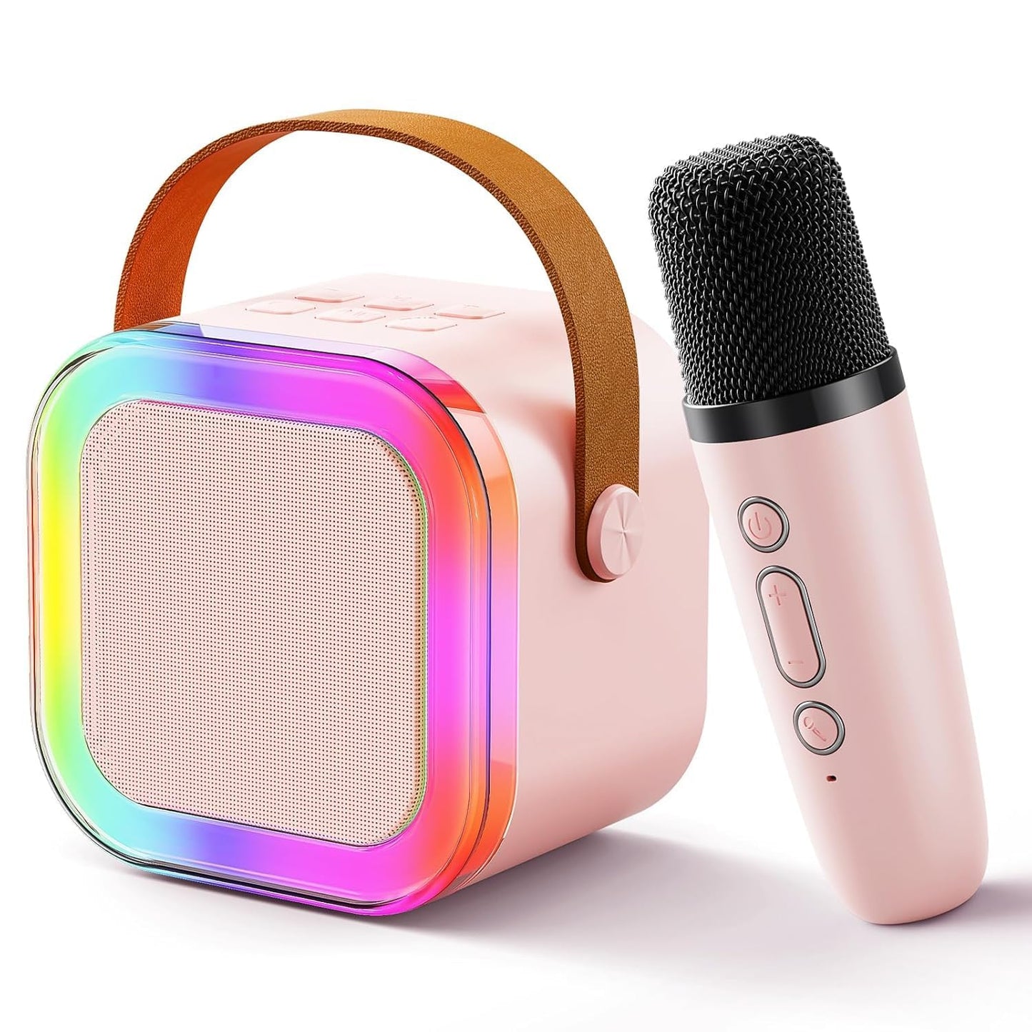 BUSSIHI Rechargeable Karaoke Mic with Speaker for Singing Wireless Mini Portable Bluetooth Speaker with Microphone & LED Lights Cute Birthday Gift for Kids Musical Toys for Boys, Girls and Adults Pink