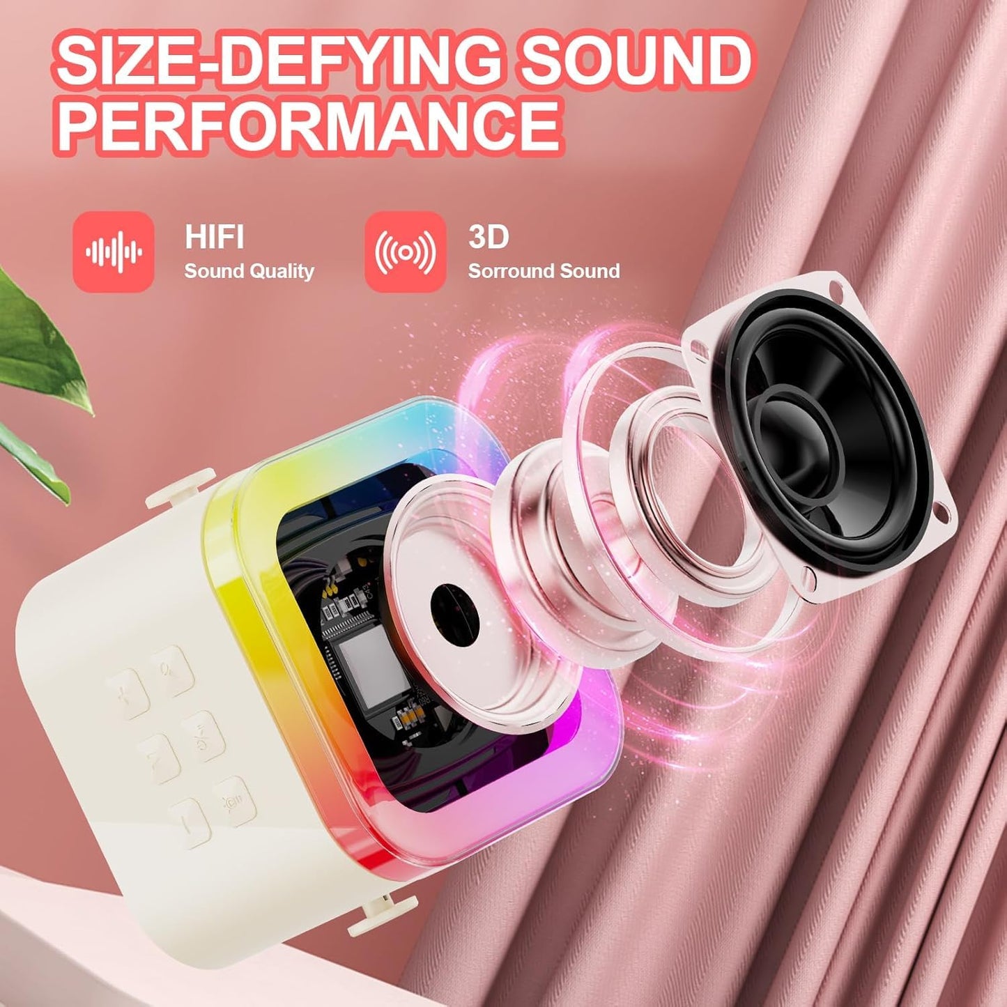 BUSSIHI Rechargeable Karaoke Mic with Speaker for Singing Wireless Mini Portable Bluetooth Speaker with Microphone & LED Lights Cute Birthday Gift for Kids Musical Toys for Boys, Girls and Adults Pink
