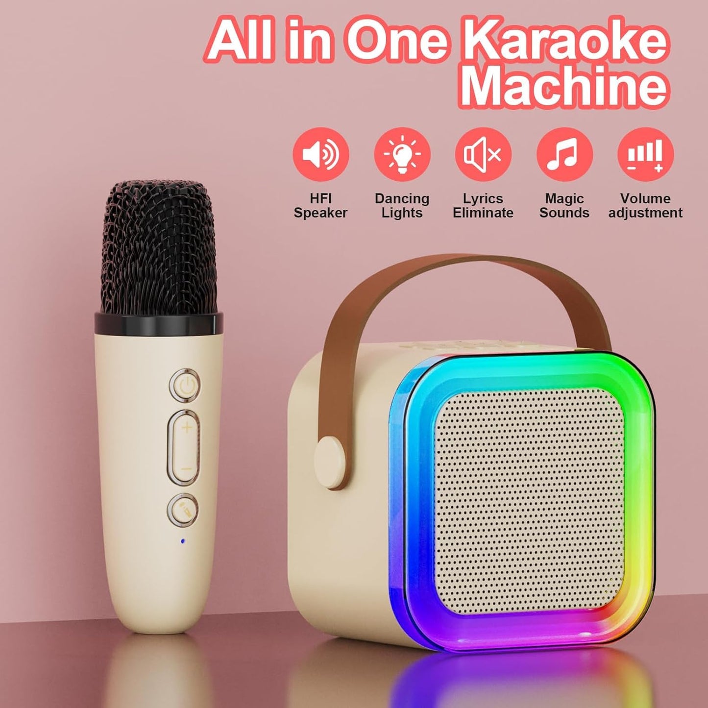 BUSSIHI Rechargeable Karaoke Mic with Speaker for Singing Wireless Mini Portable Bluetooth Speaker with Microphone & LED Lights Cute Birthday Gift for Kids Musical Toys for Boys, Girls and Adults Pink